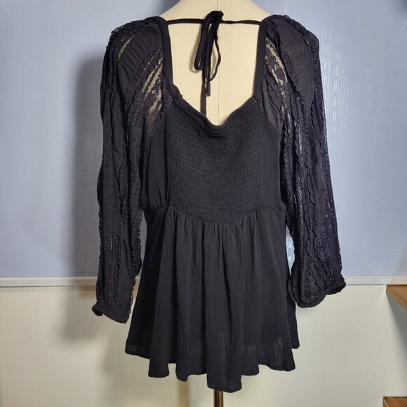 Torrid Size 0 Classic Black Tie V Neck Lace Longsleeve Lightweight Blouse - Picture 2 of 10
